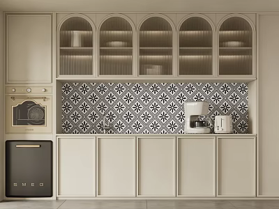 Modern Kitchen With Arched Glass Cabinets And Patterned Tile Backsplash 3d model