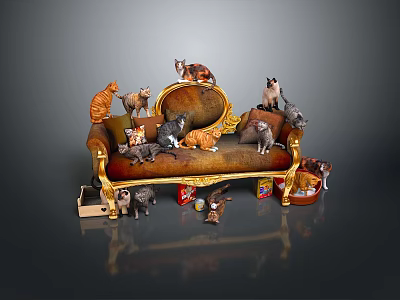 Ornate Decorative Sofa With Multiple Colorful Cats In Various Poses And Small Items 3d model