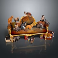 Ornate Decorative Sofa With Multiple Colorful Cats In Various Poses And Small Items