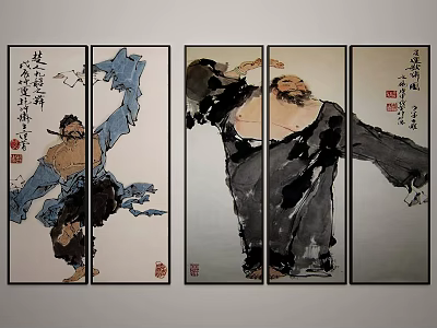 Traditional Chinese Figure Paintings On Multi Panel Screen Featuring Dynamic Characters And Calligraphy Inscriptions 3d model
