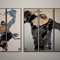 Traditional Chinese Figure Paintings On Multi Panel Screen Featuring Dynamic Characters And Calligraphy Inscriptions