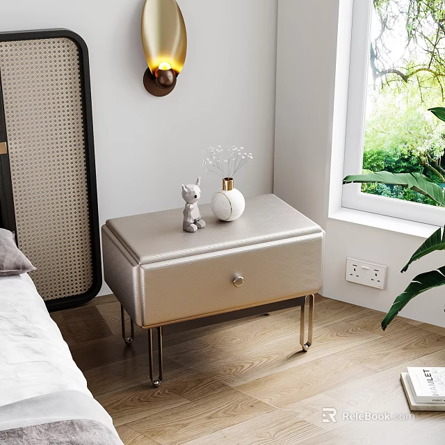 Elegant Modern Nightstand with Silver Finish Metal Legs and Decorative Figurine Vase Near Window 3d model 