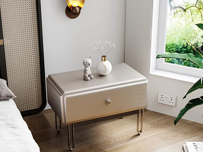 Elegant Modern Nightstand with Silver Finish Metal Legs and Decorative Figurine Vase Near Window 3d model