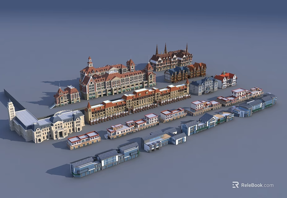 Traditional European Style Buildings With Gabled Roofs And Ornate Facades Arranged In A Row 3d model 