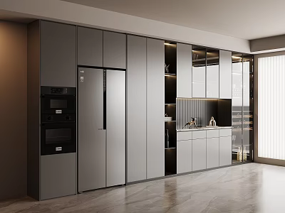 Modern Kitchen Interior With Sleek Gray Sideboard Storage Cabinets And Appliances 3d model