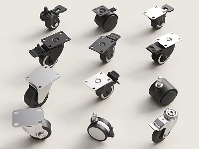 Various Caster Wheel Designs With Metal Brackets And Brake Mechanisms 3d model