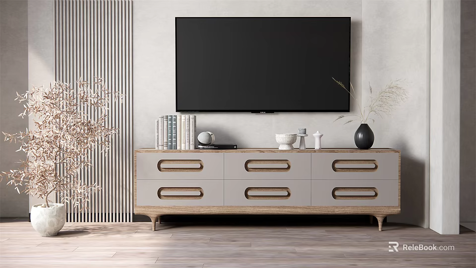 Modern TV Cabinet with Light Gray Wooden Drawers Flat Screen TV and Decorative Books Vase 3d model 