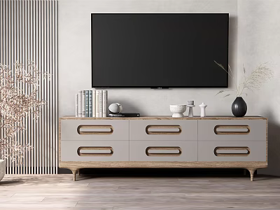 Modern TV Cabinet with Light Gray Wooden Drawers Flat Screen TV and Decorative Books Vase 3d model