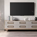 Modern TV Cabinet with Light Gray Wooden Drawers Flat Screen TV and Decorative Books Vase