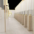 Modern Showroom Interior Design With Gold Frame Partitions Plant Decorations And Lighting Elements