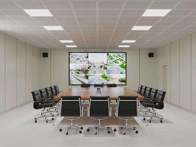 Modern Conference Room Interior With Large Table Black Chairs City View Screen And Ceiling Lights 3d model