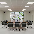 Modern Conference Room Interior With Large Table Black Chairs City View Screen And Ceiling Lights