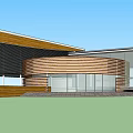 Modern Architectural Structure With Sloped Roof Large Glass Windows And Yellow Panels