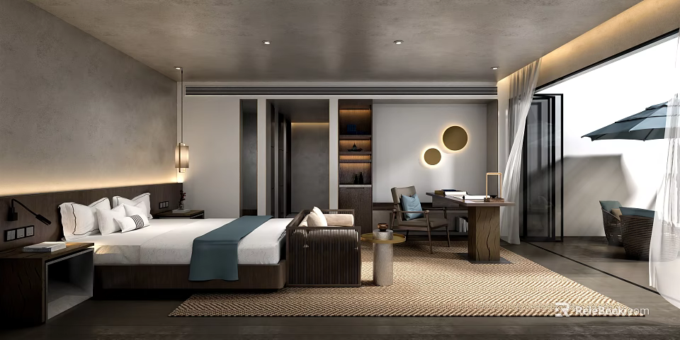 Hotel Guest Room With Modern Design King Bed Sofa Desk Circular Decor And Bright Lighting 3d model 