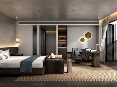 Hotel Guest Room With Modern Design King Bed Sofa Desk Circular Decor And Bright Lighting 3d model