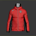 Fashionable Red Hooded Jacket With Zipper Closure Chest Patch And Black Accents