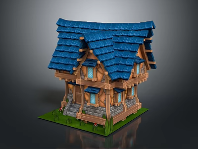 Two Story Wooden House With Blue Roof Tiles Exterior Windows Green Grass And Front Steps 3d model