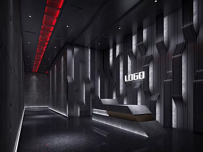 Stylish Modern Bar Interior With Red Lighting Black Walls And Reception Counter 3d model