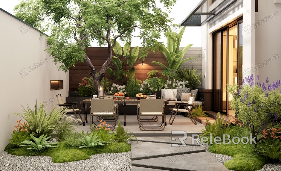 Villa Courtyard Garden Balcony Terrace Outdoor Table and Chair Landscape Tree Plant Pile Flowers and Plants Flower Border Flower Pond Ting Step model