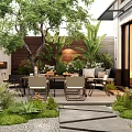 Modern Courtyard Garden Design With Outdoor Dining Furniture Lush Greenery Stone Path And Wooden Fence