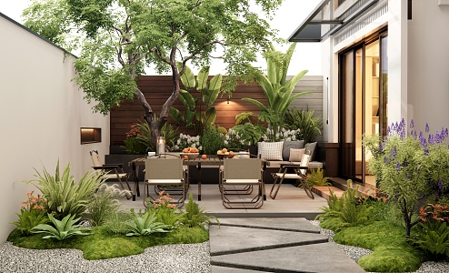 Villa Courtyard Garden Balcony Terrace Outdoor Table and Chair Landscape Tree Plant Pile Flowers and Plants Flower Border Flower Pond Ting Step 3d model