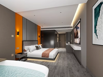 Modern Stylish Hotel Room Interior With Comfortable Bed And Decorative Wall Art 3d model