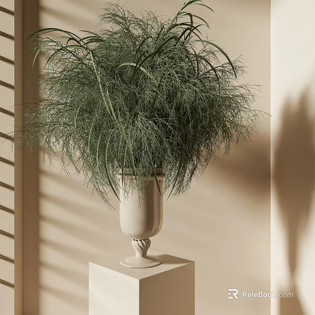 Green plants in white vase on white pedestal with light wall and window blind shadows 3d model 