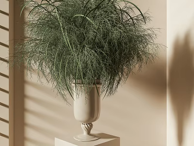 Green plants in white vase on white pedestal with light wall and window blind shadows 3d model