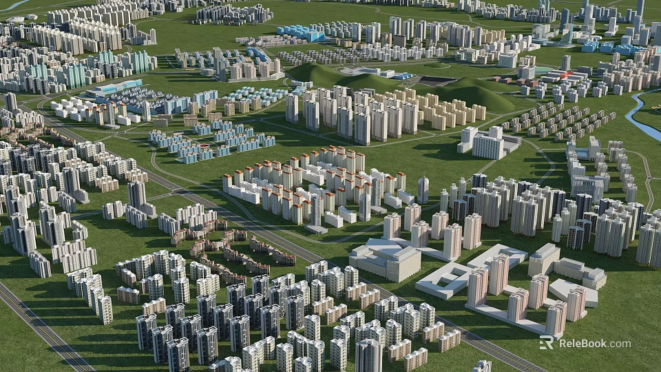 Aerial Planning of Urban Layout Featuring High-Rise Low-Rise Buildings Road Networks and Green Spaces 3d model 