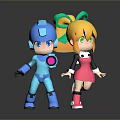 Cute Game Characters Blue Robot And Yellow Haired Girl With Green Bow In Pink Dress