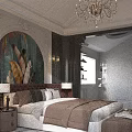 Elegant Light Luxury Bedroom Interior with Tufted Velvet Headboard Marble Nightstands and Crystal Chandelier
