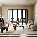 Modern Living Room Interior With Sofa Coffee Table Large Windows And Decorative Art