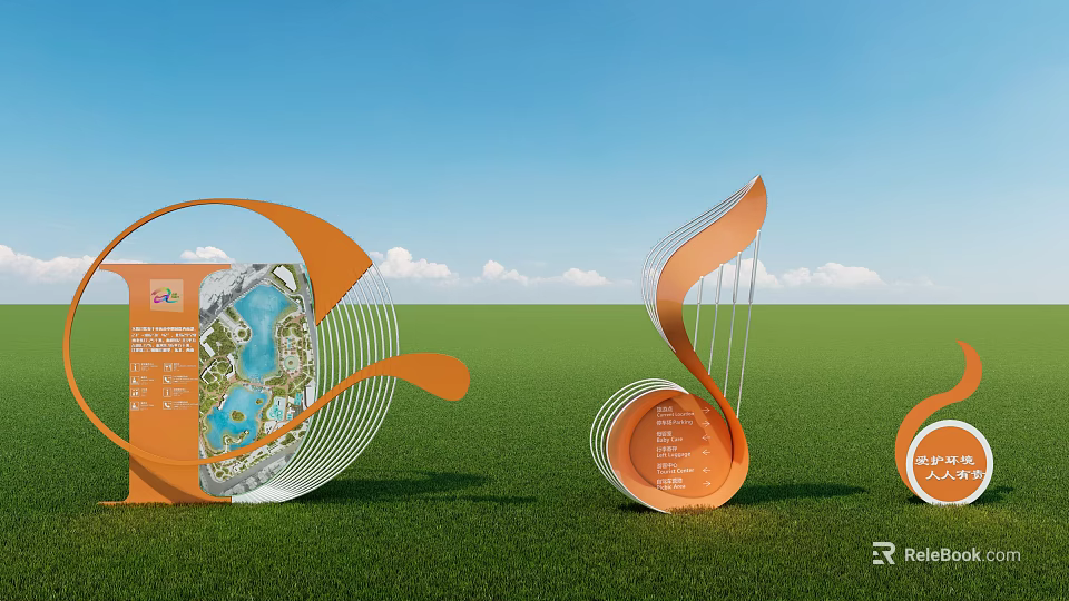 Outdoor Orange Signage With Musical Note Shape And Map Design On Grassland Under Blue Sky 3d model 