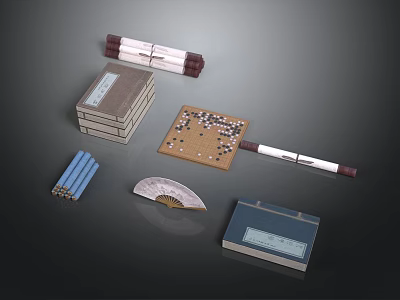 Traditional Chinese Cultural Items Including Books Go Board Fan And Bamboo Slips 3d model