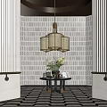 Console Table Interior Design With Hanging Lamp Floral Arrangement Textured Wall And Checkered Floor