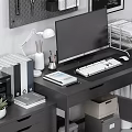 Modern Office Desk Featuring Computer Monitor Printer Desk Lamp Calendar And Decorative Posters