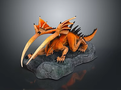 Orange Dragon Game Movie Character With Long Fangs Wings And Spikes Perched On Rock 3d model