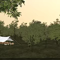 Serene Garden Landscape with White Tent Green Trees Grassland and Sunset Sky