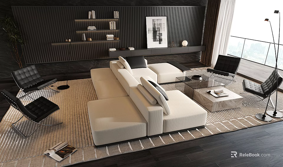 Modern Beige L shaped Sofa Coffee Table Set With Area Rug Dark Wall And Wooden Floor 3d model 