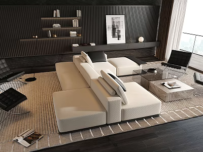 Modern Beige L shaped Sofa Coffee Table Set With Area Rug Dark Wall And Wooden Floor 3d model