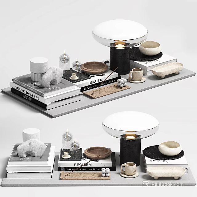 Modern Minimalist Decorative Ornament Set With Stacked Books Ceramic Bowls Wooden Tray And Lamp 3d model 