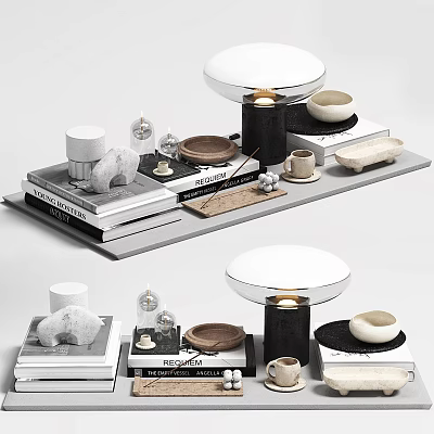 Modern Minimalist Decorative Ornament Set With Stacked Books Ceramic Bowls Wooden Tray And Lamp 3d model