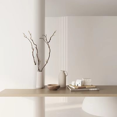 Decorative Ornament Set With White Vase Twigs Mini House Books Wicker Basket On Table 3d model