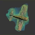 Spacecraft Wreckage Model With Yellow Green Rust In Blue Water Cosmic Exploration