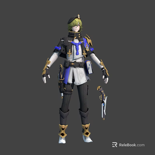 Fantasy Game Character With Green Hair Blue Outfit And Gold Accented Weapon 3d model 