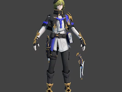 Fantasy Game Character With Green Hair Blue Outfit And Gold Accented Weapon 3d model