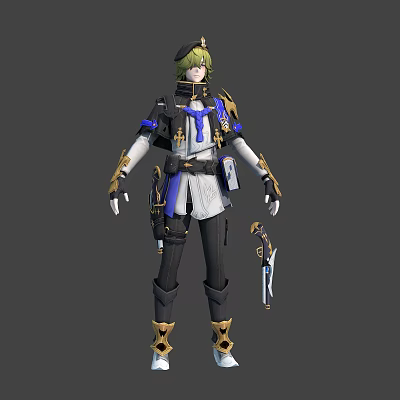 Fantasy Game Character With Green Hair Blue Outfit And Gold Accented Weapon 3d model