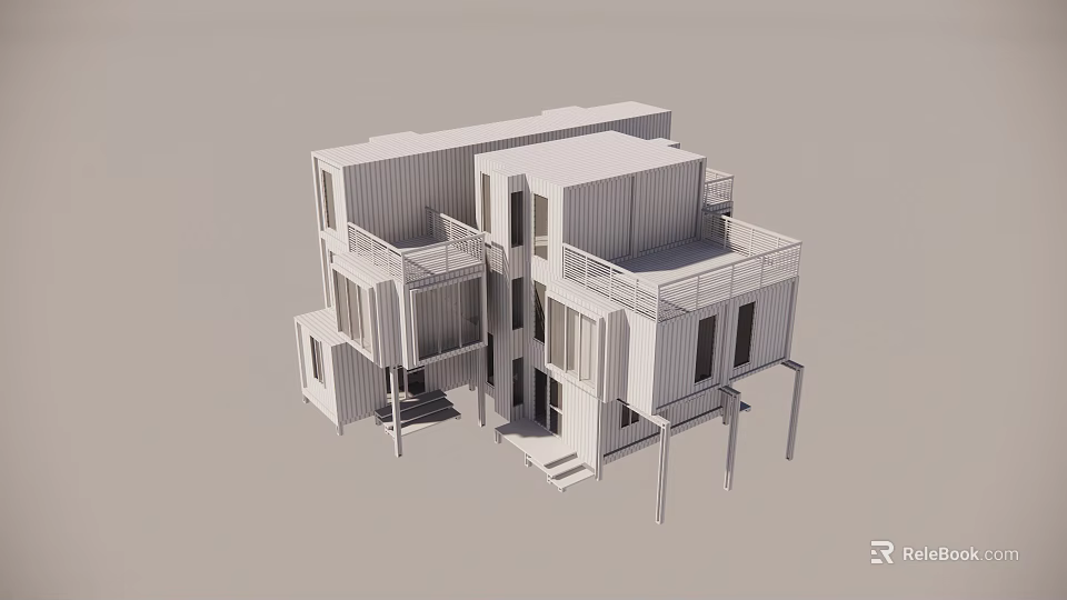Modern Container Building Design With Stacked Units Balconies And Open Windows 3d model 
