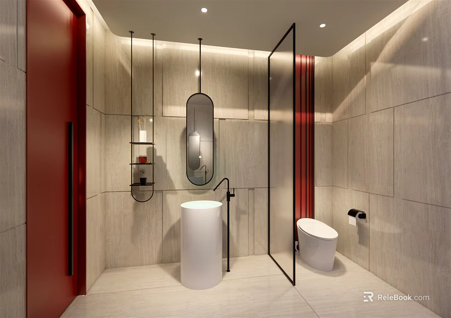 Modern Public Restroom Design Featuring Gray Tiles Red Accents White Pedestal Sink And Glass Partition 3d model 