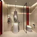Modern Public Restroom Design Featuring Gray Tiles Red Accents White Pedestal Sink And Glass Partition